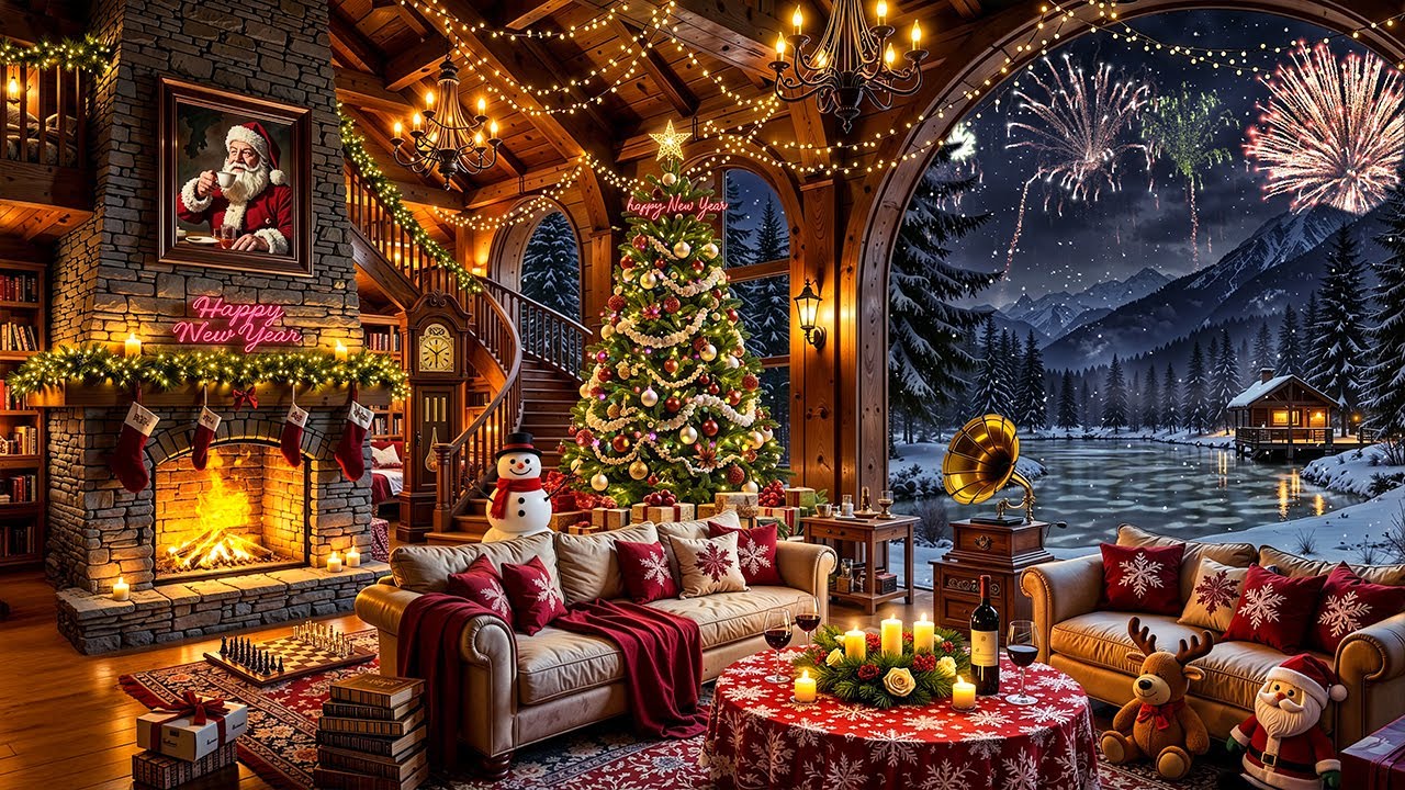 Calm Jazz Background Music with New Year 2026 🎆 Winter Cabin Ambience & Crackling Fireplace to Relax