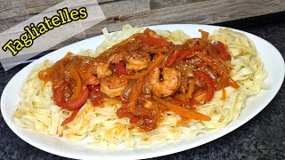 shrimp tagliatelle pasta مكرونة طاكلياتيل بالجمبري (الكروفيت) والخضار على الطريقة الآسيوية