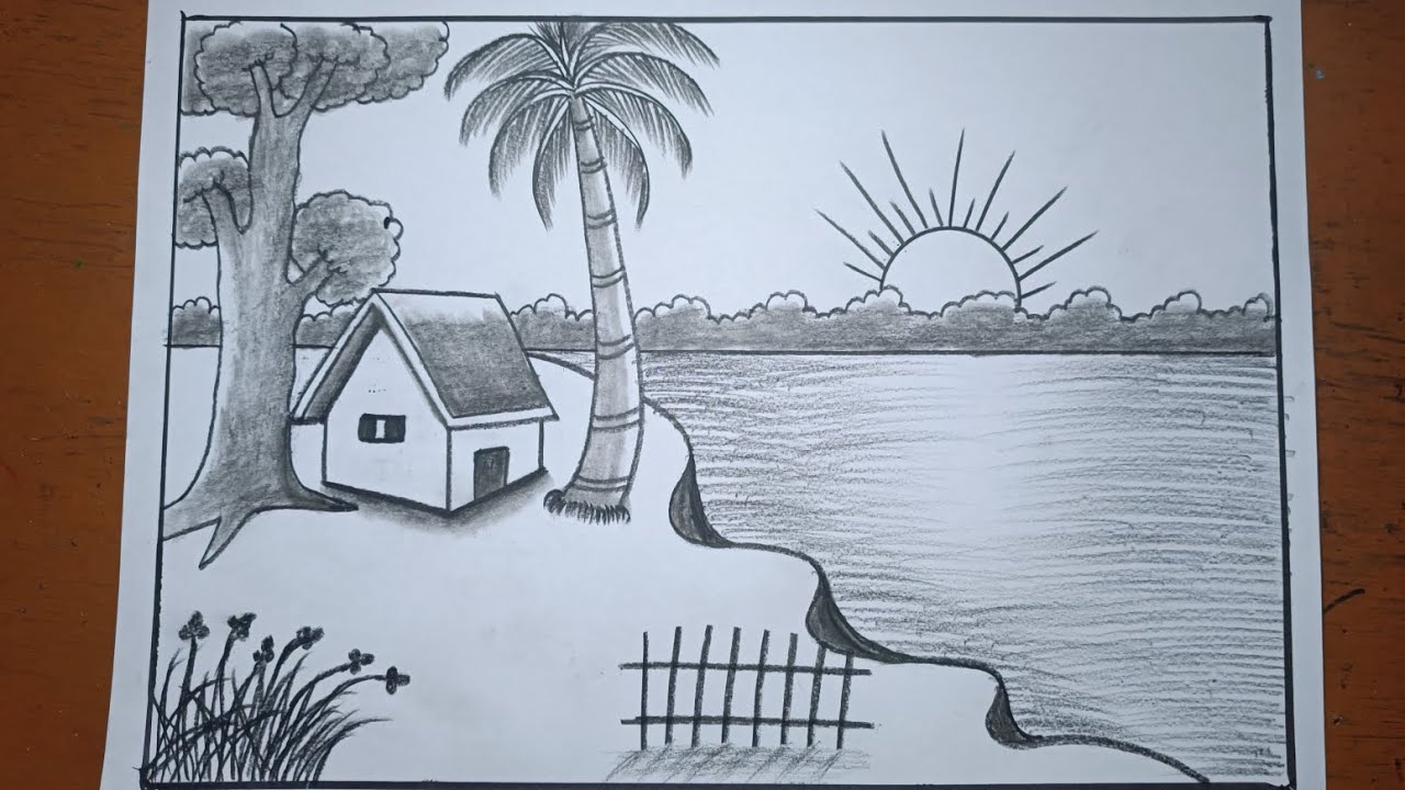 Best scenery drawing with pencil shading/Sunrise landscape scenery drawing/Morning scenery drawing