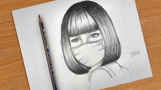 تعليم الرسم بالرصاص كيف ترسم وجه فتاة بالكمامة || رسم بنت ترتدي كمامة | خطوة بخطوة  || رسم سهل