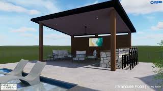 Transitional modern pool and spa with 2 custom outdoor kitchen spaces and a pavilion_OPRO51 V2