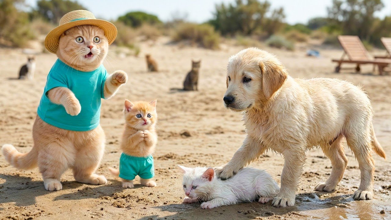 A dog wearing a cat hat rescues a kitten – a heroic moment! 🐶🐱