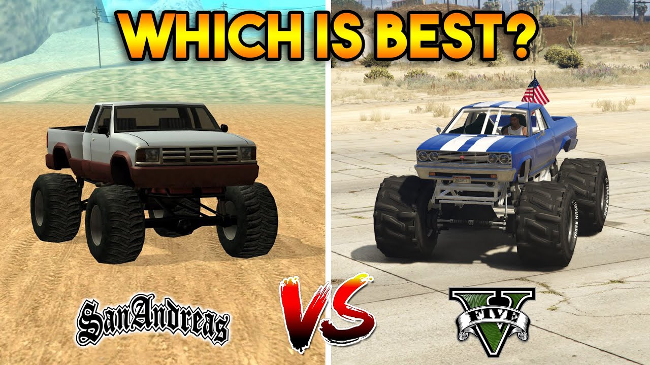 GTA 5 MONSTER TRUCK VS GTA SAN ANDREAS MONSTER TRUCK WHICH IS BEST