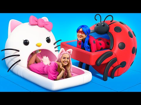 Construímos uma casinha para Lady Bug e Hello Kitty! Desafio extremo de esconde-esconde em caixas!