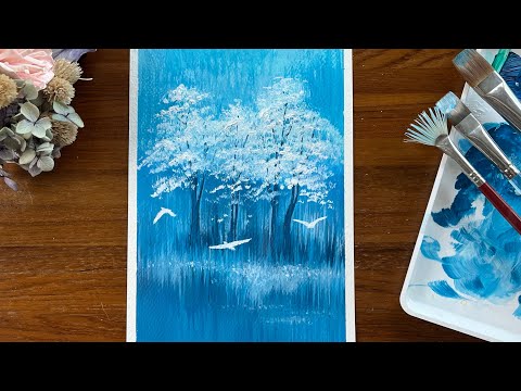 Acrylic Painting | How To Draw White Woods and Blue lake | 壓克力畫技巧 | 白樹林與藍湖