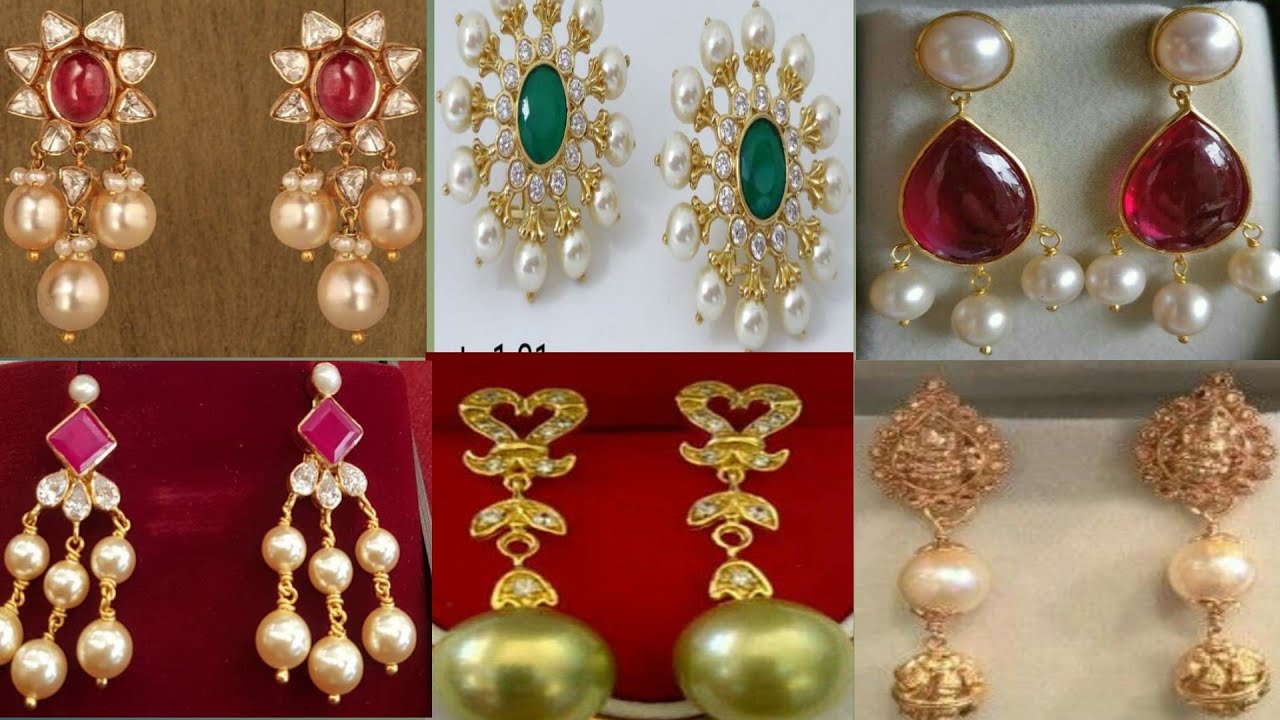 Latest simple gold pearl drop earrings designs with weight || gold earrings collection