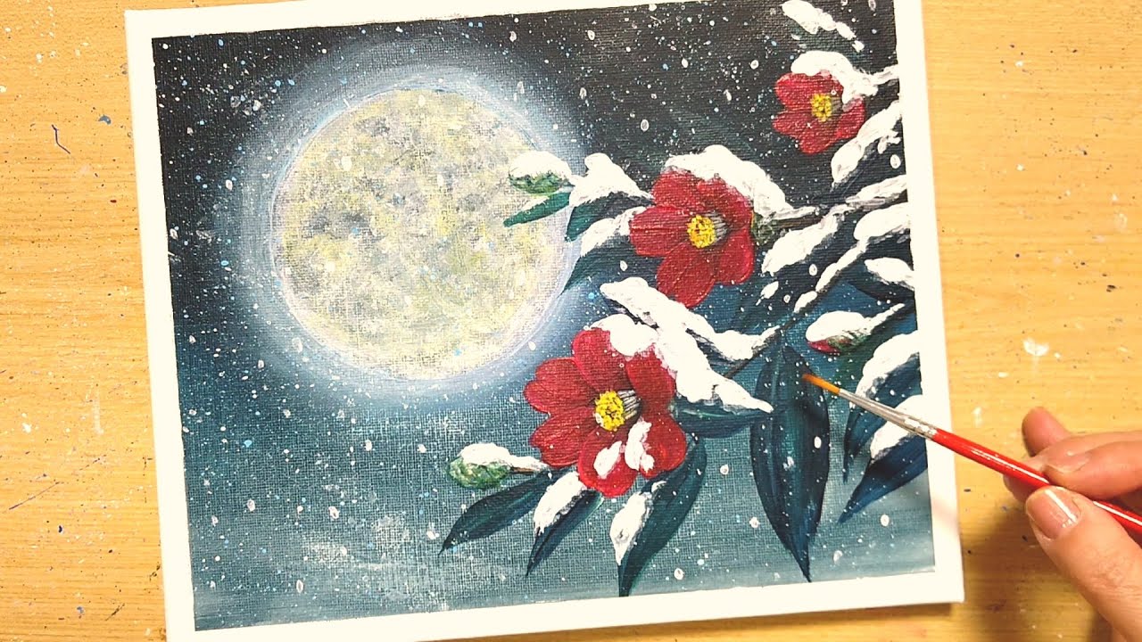 How to draw [Camellia and snow] with acrylic paint / Full moon
