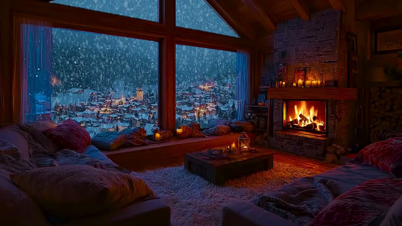 Snowstorm Outside the Cabin Window with Warm Firelight Ambience for Deep Sleep and Quiet Nights