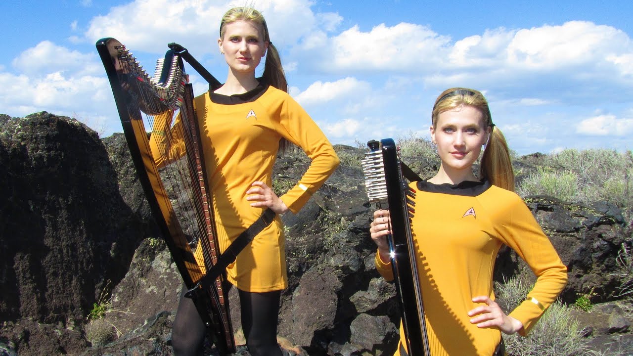 STAR TREK Theme (TOS at very end) Harp Twins - Camille and Kennerly