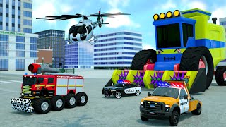 Cosechadora Gigante Vs Coches De Policía  Dibujos animados de coches de emergencia para niños