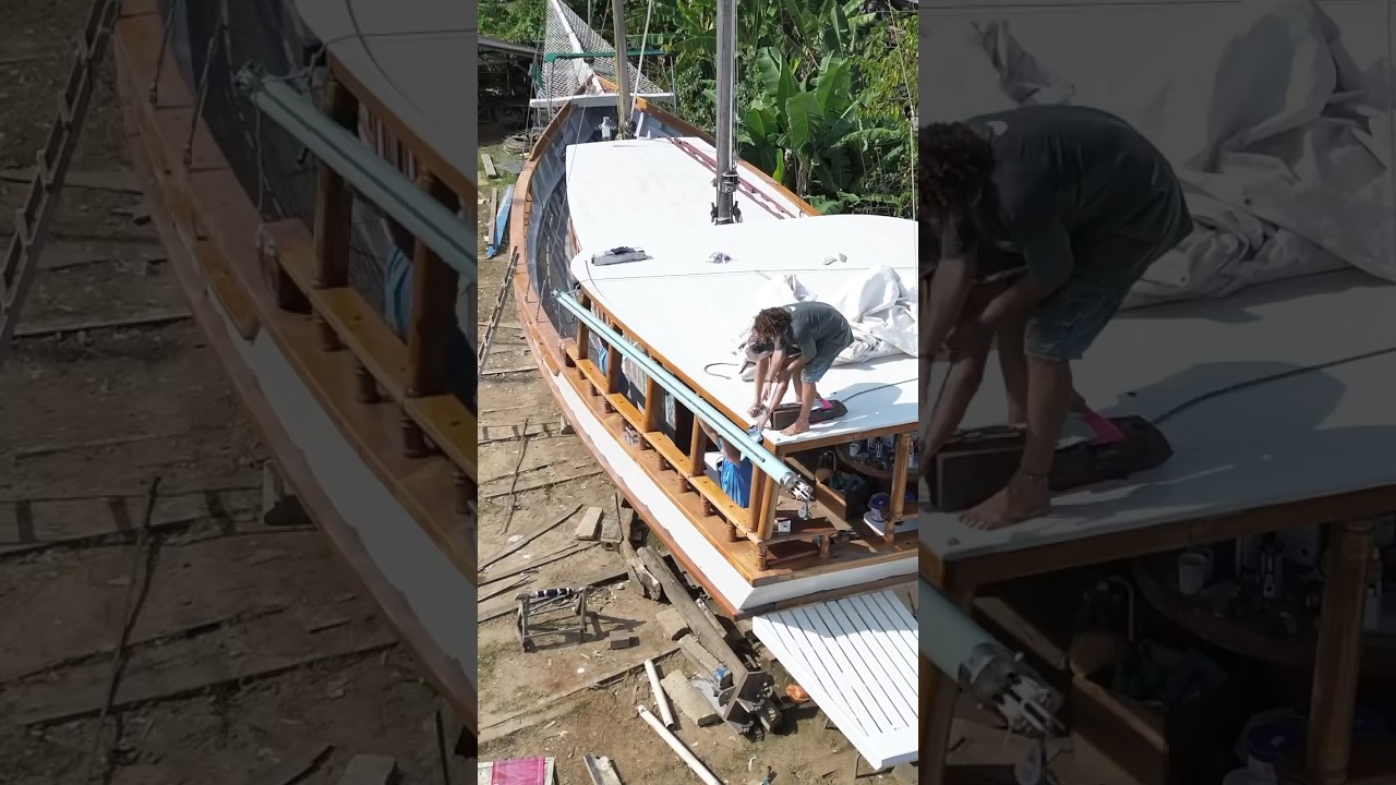 Restoring the boom of our wooden sailboat: sea foam green for the win!
