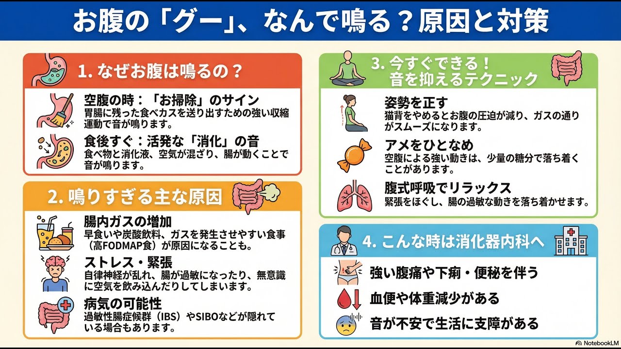 お腹がずっと鳴る原因は病気？今すぐ音を止める裏ワザと受診目安
