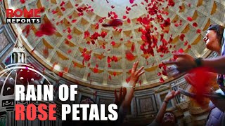 A shower of rose petals fall through the dome of the Pantheon in Pentecost tradition