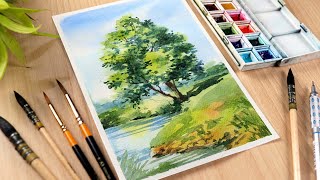 Easy Watercolor painting for beginners Trees at Lake landscape