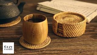 Rattan weave drink coaster set and round table placemats