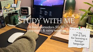 4-HR STUDY WITH ME 📚 With my TOP-5 tips for learning a language / Pomodoro 50/10 🌧️ Rainy night screenshot 5