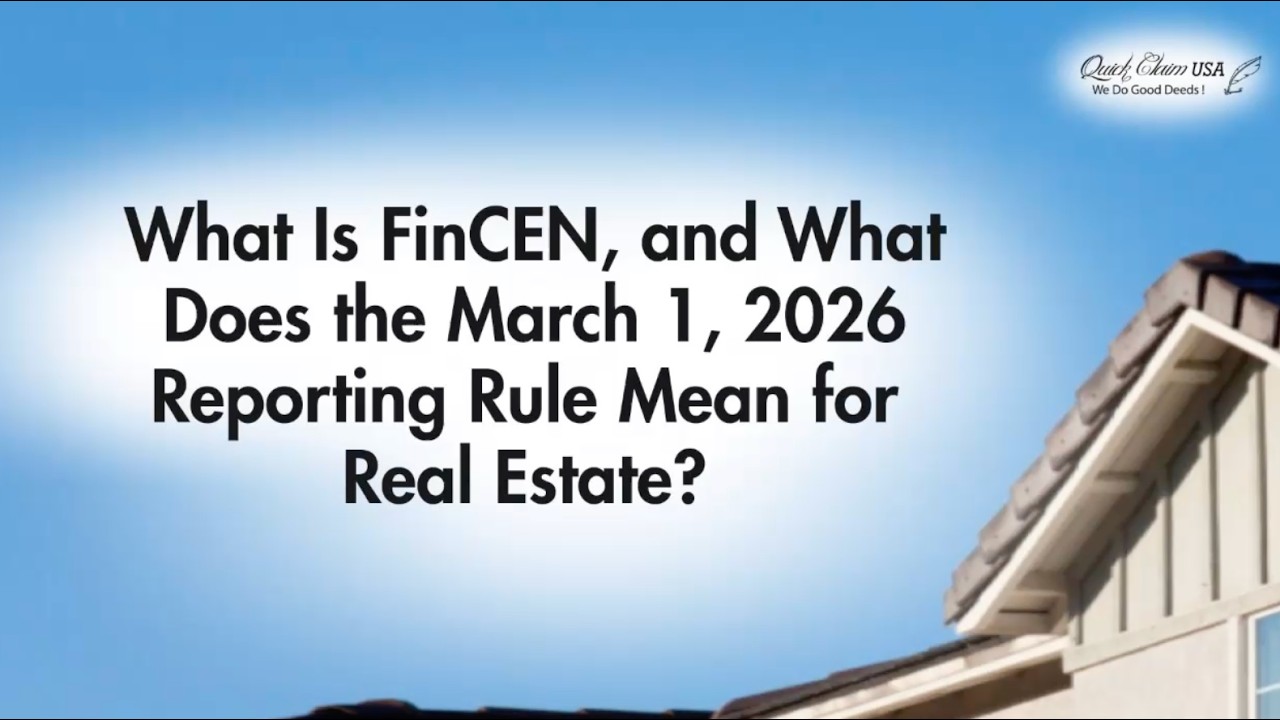 You may be hearing about FinCEN and how it is influencing Real Estate closings. This video briefly shares what the new reporting rule says and why it matters. For all FinCEN Frequently Asked Questions (FAQ), visit: https://www.fincen.gov/rre-faqs  For the list of transfers that are not considered reportable, scroll to Section E.3: https://www.fincen.gov/rre-faqs#E_3  Source: https://www.fincen.gov  🌐 Visit our website: https://quickclaimusa.com  📞 Call us at: 702-233–4014  ✅ Subscribe for expert insights on simplifying Real Estate Title and Deed changes in Nevada and beyond!  🔔 Like this video and hit the bell icon to get updates on making property ownership changes easy and stress-free.  About Quick Claim USA  Founded in Las Vegas, Nevada, in May 2011, the owner of Quick Claim USA has over 30 years of experience working in the Title And Escrow, Mortgage Lending And Real Estate Industries.  We pride ourselves on providing a Premier Concierge service experience when you need or want to make changes to the ownership on Real Estate (Title) after a purchase or refinance.  Our Concierge service approach means we take the time to care and listen to your story and provide solutions to achieve your objective. That’s why our motto is “We Do Good Deeds!”.  We specialize in assisting you with updating the Title/Deed to your home. So, whether you need to Add a family member, Transfer your property into a Living Trust or LLC, or Remove a co-owner, we are happy to help. Our team is here to simplify the process and make it easy for you.  On LinkedIn? Subscribe to our LinkedIn Newsletter! It is "An Owner’s Manual to Real Estate: Title Tips and Insights for Property Owners."  Click here to subscribe: https://www.linkedin.com/newsletters/7234225299708624896/  𝘋𝘪𝘴𝘤𝘭𝘢𝘪𝘮𝘦𝘳 𝘰𝘯 𝘞𝘦𝘣𝘴𝘪𝘵𝘦.