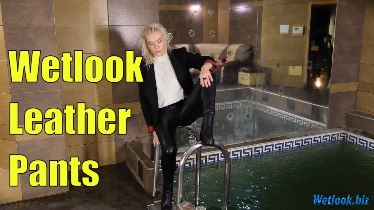 ⁣Wetlook office clothes gets wet in the pool | Wetlook leather pants | Wetlook leather Boots