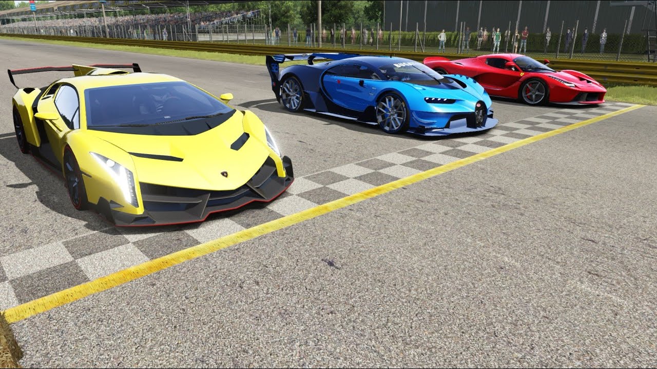 Bugatti Vision GT vs Lamborghini Veneno vs Ferrari LaFerrari at Monza Full  Course - YouTube