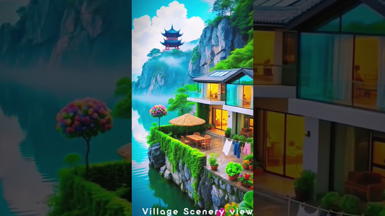 There is a modern looking house built on the edge of a green hill overlooking a calm body of water