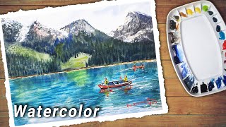 Watercolor painting Mountain Lake landscape | Watercolor Snow mountains
