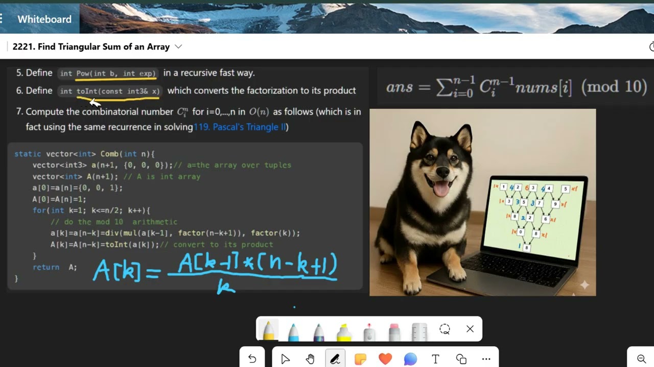 C++ Pascal三角與模10算術解Leetcode 2221 Find Triangular Sum of an Array