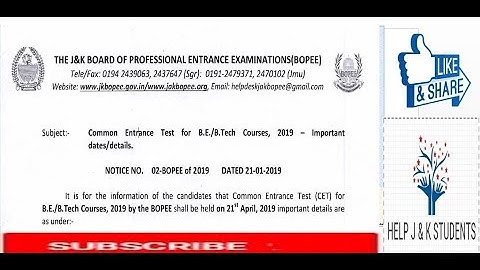 JKBOPEE CET Common Entrance Test for B.E./B.Tech Courses, 2019 — Important dates/details.