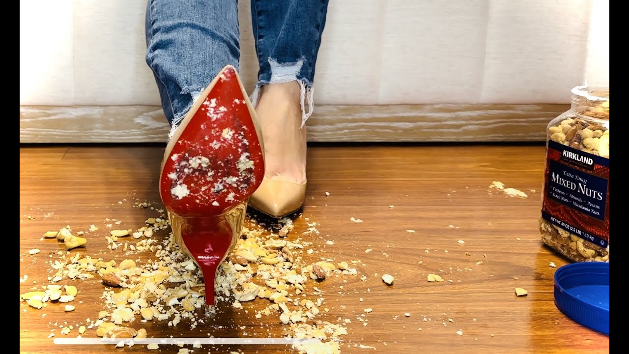 ASMR 👠🥜 NUT CRUSH in Nude Heels | Christian Louboutin red bottom stomp crunch  destruction Levi's