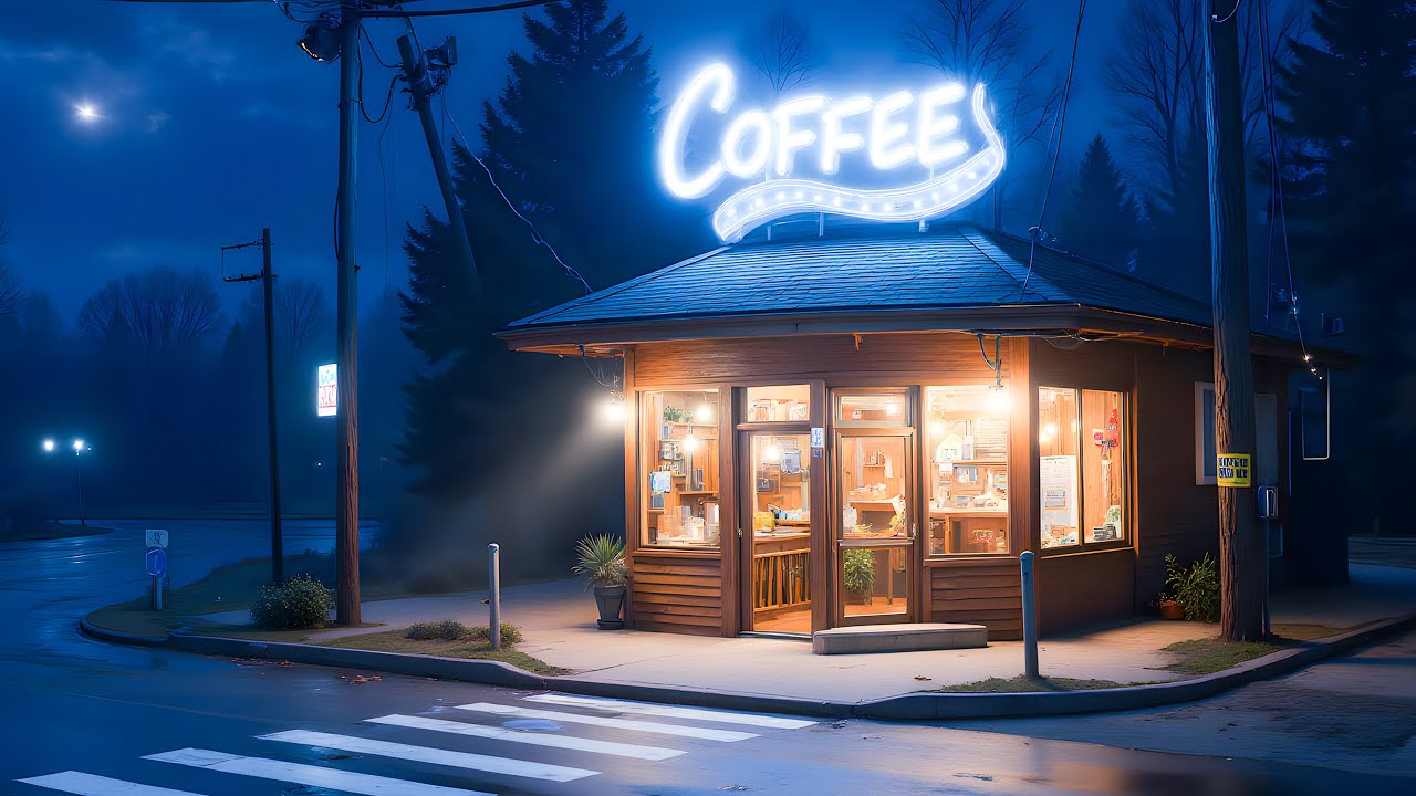 Cozy Coffee Shop at Night: Serene Twilight Street Scene