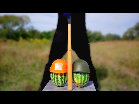 Experiment: Baseball Bat vs Watermelons in a Military & Construction Helmets