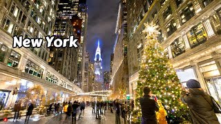 New York Christmas Walk - Saks fifth avenue light show - NYC Night Walk 4k - manhattan USA