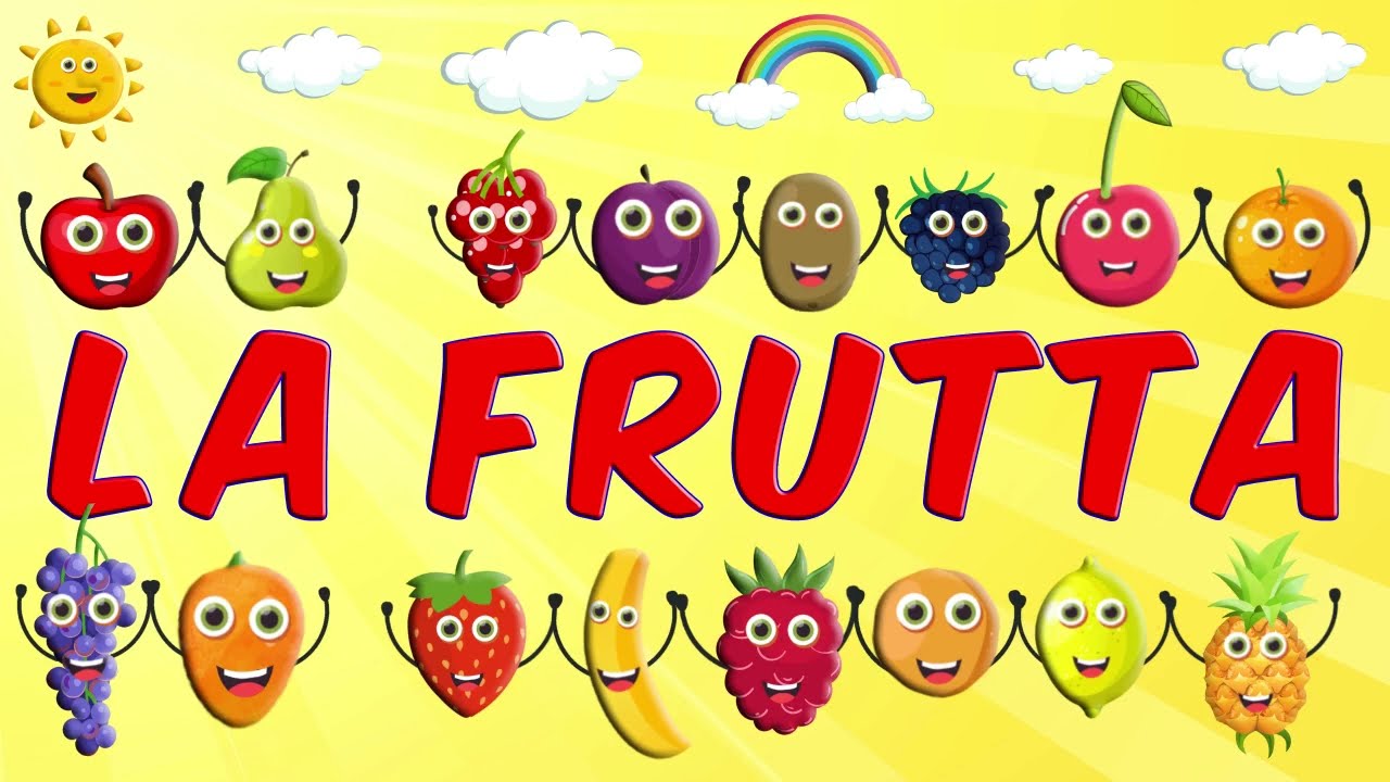 Insieme di frutti carini per bambini e ragazzi che imparano il vocabolario.