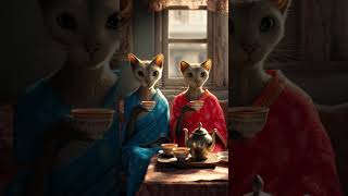 “Humanoid Cats Enjoying Tea in Colorful Sarees” “Humanoid Cats Enjoying Tea in Colorful Sarees”