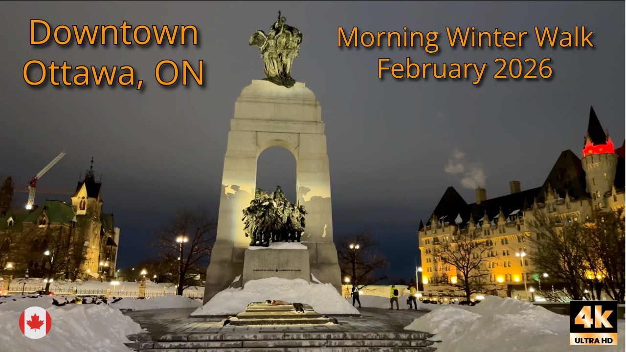 Ottawa Downtown Dawn Winter Walk 2026 – Parliament Hill | Natural Sounds 4K