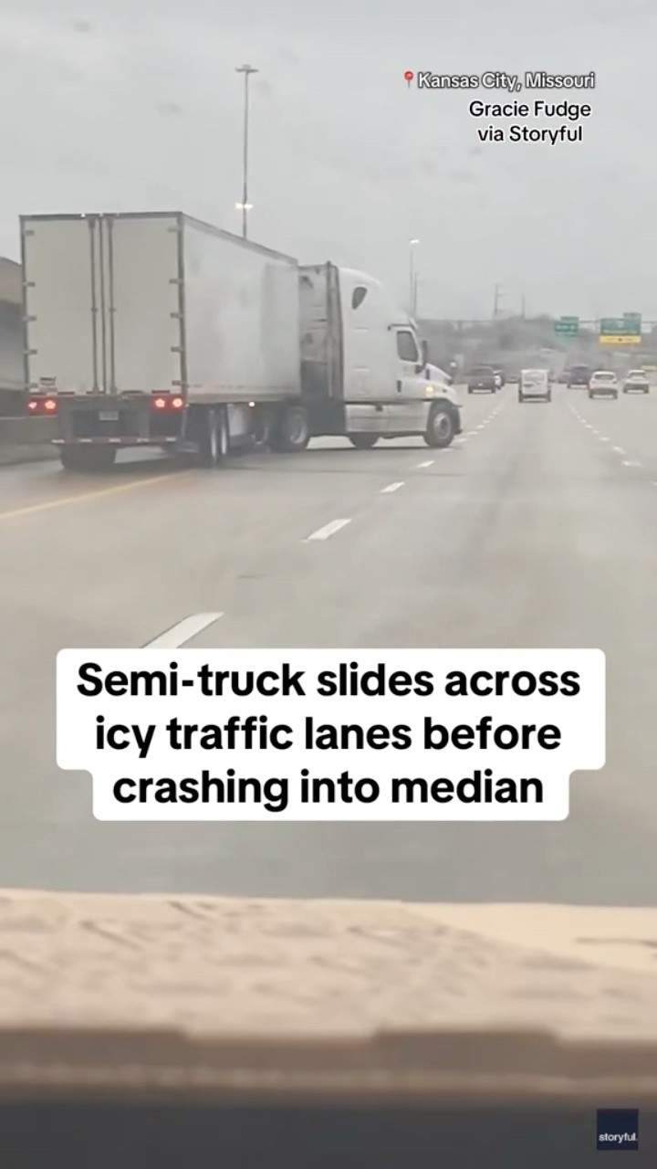 Semi-tuck in Missouri slides across icy traffic lanes before crashing into median #shorts