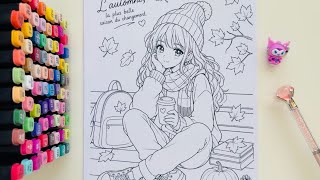 Sweater Weather Mood ☕ Cute Anime Coloring With Markers Relaxing & Satisfying Autumn Coloring Page ✨