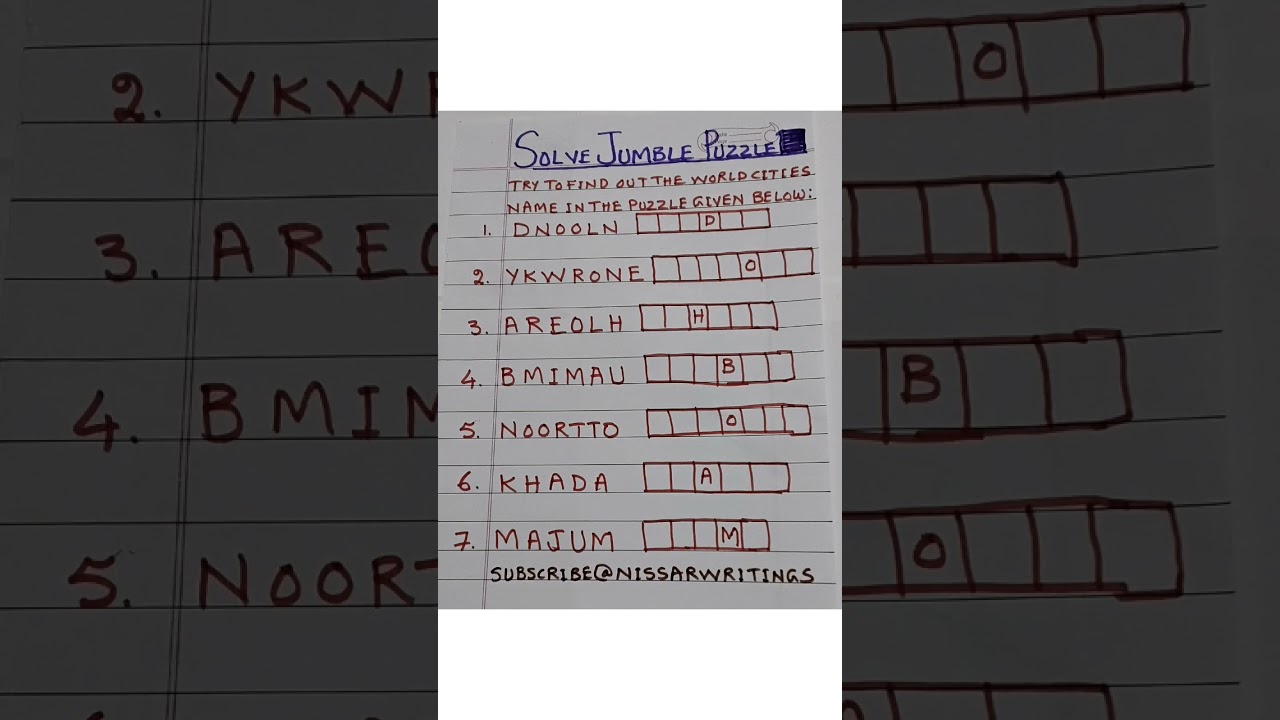 SOLVE JUMBLE PUZZLE IN ENGLISH (FIND OUT WORLD CITIES NAME) 