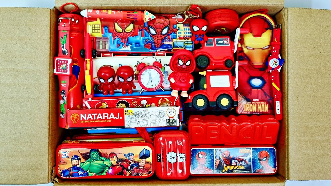 Unboxing Surprise Red Stationery, Pencil Case, Piggy Bank, Pen, Ruler, Key Chain, Eraser, Sharpener