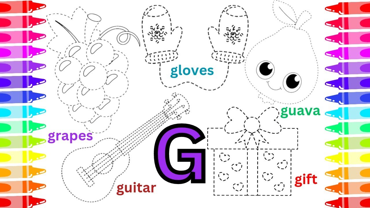 Coloring Gift, Grapes, Gloves, Guitar, Guava | Words Start With G | Coloring For Kids