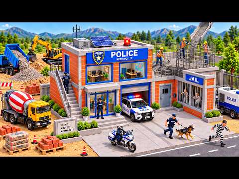 DIY Mini Tractor Builds a 2-Story Fireproof Mini Brick Police Station | Construction Science Project