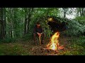Making Primitive Shelter in Forest on top Mountain &amp; Cook Food on Campfire | Solo Bushcraft