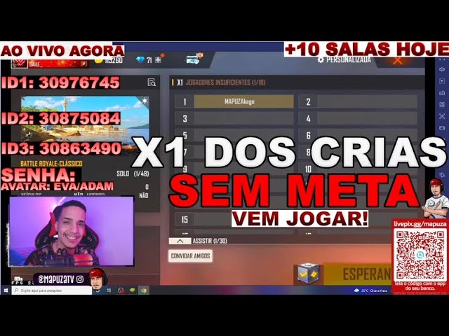 FREEFIRE AO VIVO X1 DOS CRIA AO VIVO FF LIVE JOGANDO COM INSCRITOS 4X4 6X6  SALA PREMIADA 