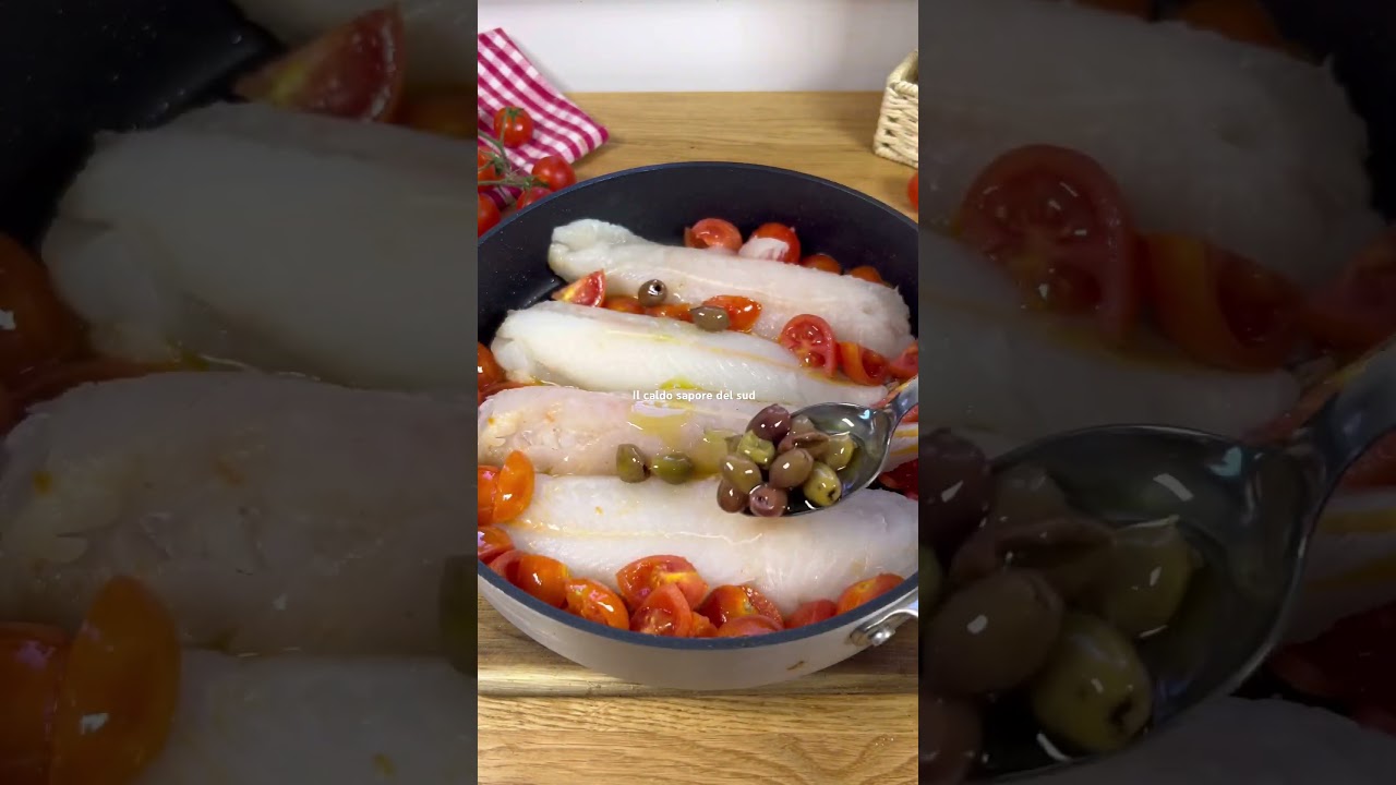Merluzzo surgelato in padella con pomodorini e olive 