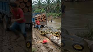 Massive Giant Snake Attacks Logging Truck! 🐍😱 #GiantSnake#SnakeAttack#Anaconda#ViralVideo#CGI