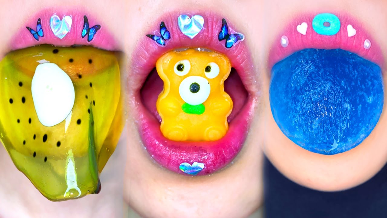 ASMR KIWI EMOJI JELLY TEDDY BEAR GUM BLUEBERRY ICE GUMMY eating sounds ...