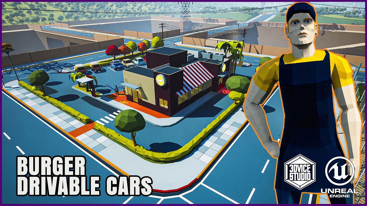 Drivable Cars Burger Town Low Poly Assets for Unreal Engine | GameDev Asset / Videogame