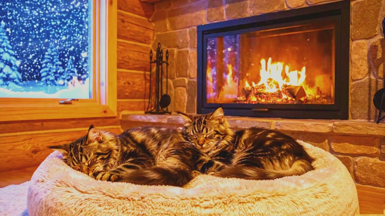 🔥 Feel Instantly Calm Cat Purring & Fireplace Sounds Cozy Living Room for Deep Sleep 😴