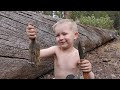Survival camping with 4 yr old  trapping knapping friction fire  campfire cooking