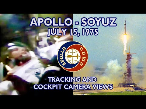 APOLLO-SOYUZ: Cockpit & Tracking Launch Camera Views (1975/7/15) Saturn IB, Slayton, Brand, Stafford