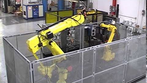 Multiple Robotic Cells with Dual Welding Robots and Material Handling Robot